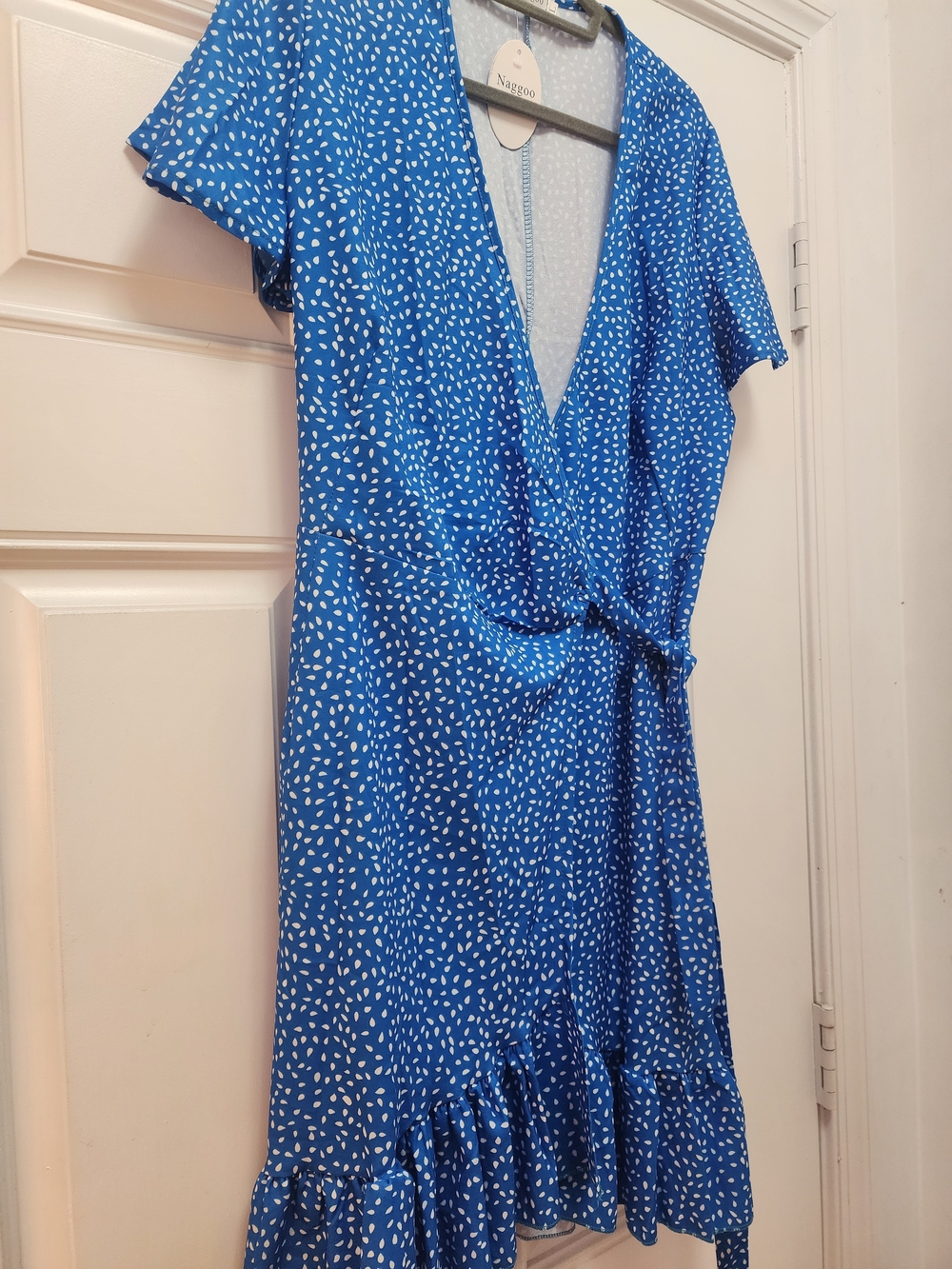 New Naggoo Blue Printed Wrap Midi Dress with Ruffle Hem-  Size Large